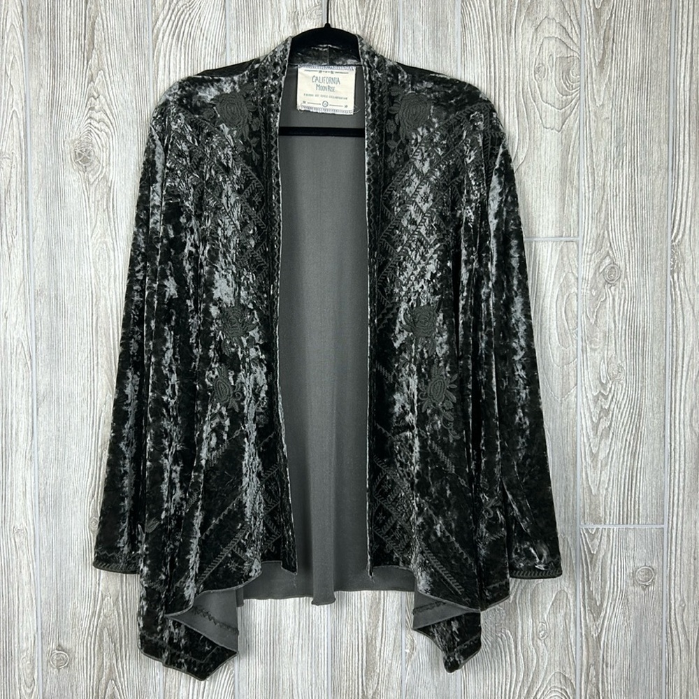 California Moonrise Crushed Velvet Embroidered Cascading Open Cardigan Shrug L